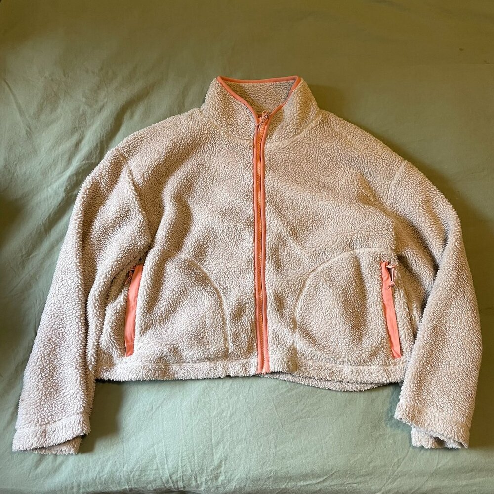 Women's Cream Sherpa Zip-Up Jacket with Coral Trim